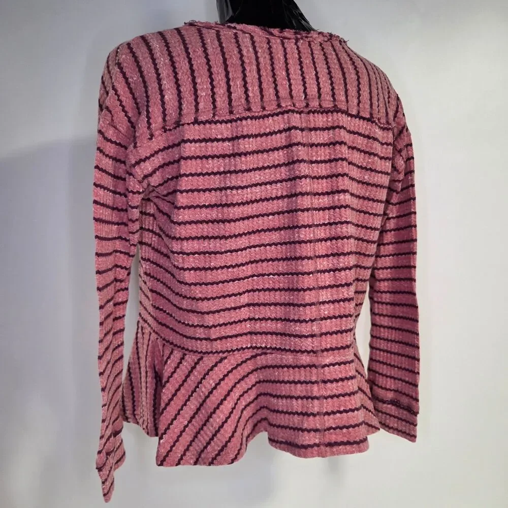 Free People We The Free Pink Black Striped Thermal Waffle Knit Peplum Top Medium